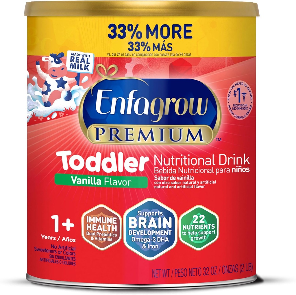 Enfagrow Premium Τοντλερ Διατροφικό Ποτό, Φυσικό άρωμα βανίλιας, Ωμέγα-3 DHA για την υποστήριξη του εγκεφάλου, Πρεβιοτικά & Βιταμίνες για την Ανοσολογική Υγεία, Μη-ΓΤΟ, Σκόνη Can, 32 Oz (πακέτο του 1