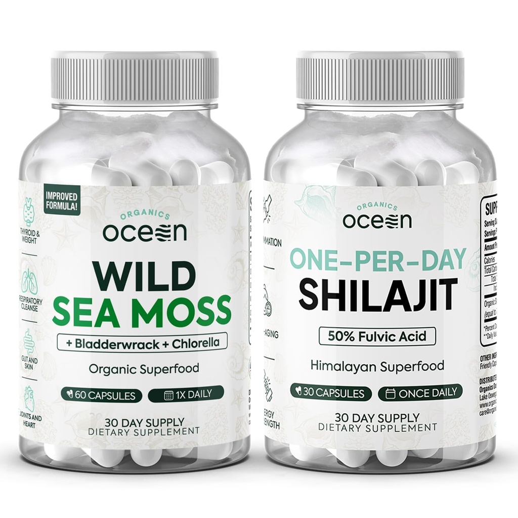 Οργανικοί Ocean Wild Sea Moss Κάψουλες και ένα ανά ημέρα Shilajit για άνδρες και γυναίκες - 100% Irish Sea Moss και Pure Shilajit Κάψουλες - Thyroid Υποστήριξη για γυναίκες και άνδρες