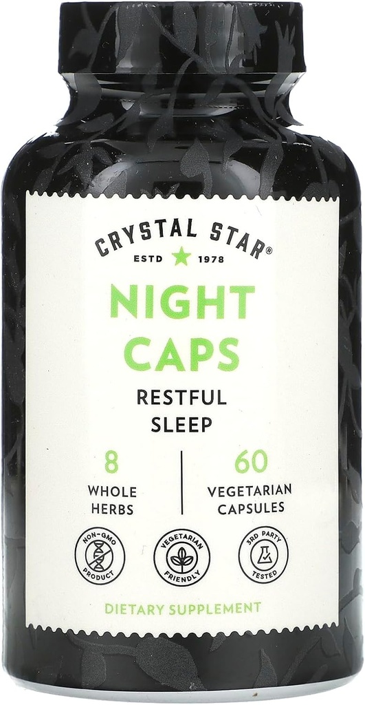 Crystal Star Night Caps Natural Sleep Aid Supplement (60 κάψουλες) – Φυτική μη-Habit Forming – Βαλεριάνα ρίζα, Κάβα & πάθος λουλούδι – Μη-GMO