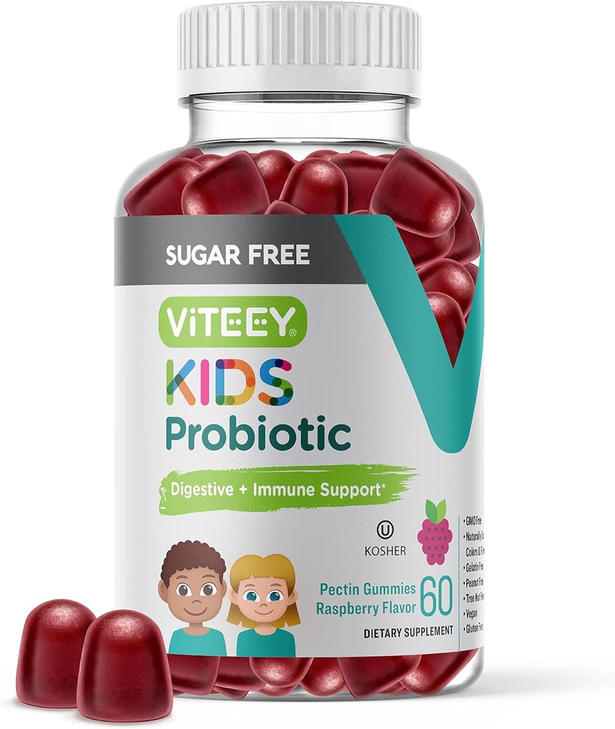 Viteey Probiotic Gummies for Kids - 2 Billion CFUs - Probiotics Kids Constipation Relief, Natural Immune & Digestive Health Support - Vegan, Gelatin Free, GMO Free - Tasty Chewable Raspberry Flavored