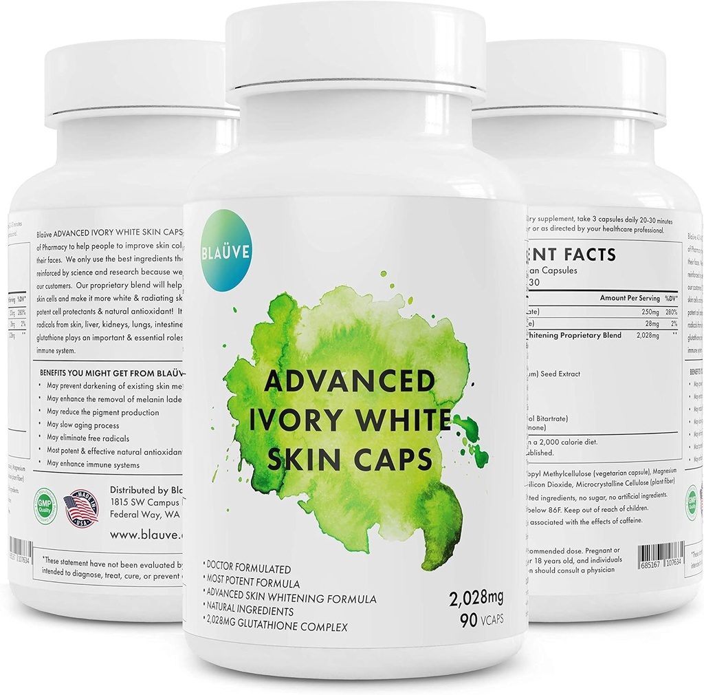 Προηγμένα καπάκια δέρματος Ivory White- Μέγιστη δραστικότητα 2028 mg Glutathione Δέρμα λεύκανση 90 κάψουλες- GSH - Best Λευκαντικές- Λευκαντικές/ Φωτίζει το δέρμα σας Τόνος-Φυσικό σκούρο σημείο αφαίρεσης-γιατρός Formulated