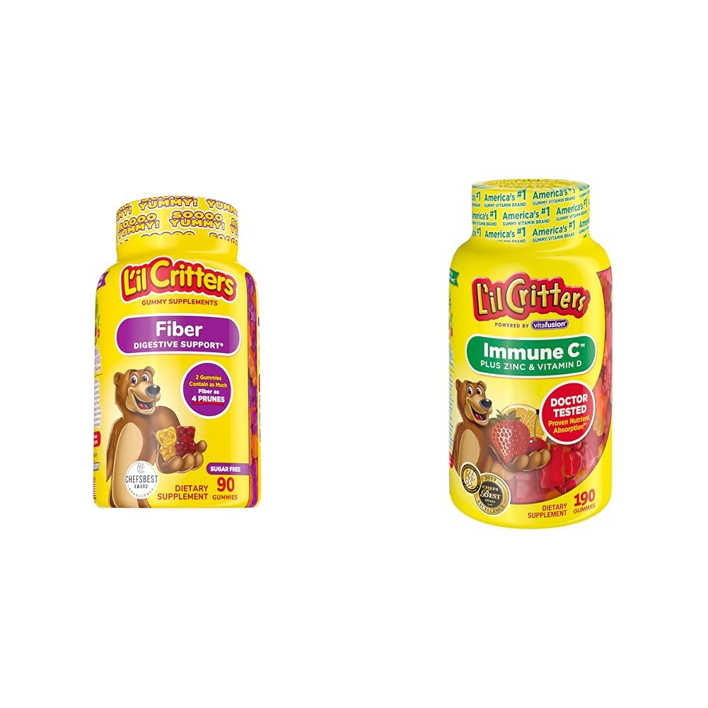 L’il Critters Fiber Daily Gummy συμπλήρωμα για τα παιδιά, για την υποστήριξη Digestive, Berry και Lemon Flavors & Immune C Daily Gummy συμπλήρωμα βιταμίνης για τα παιδιά, για βιταμίνη C, D και ψευδάργυρο για ανοσοποιητική υποστήριξη