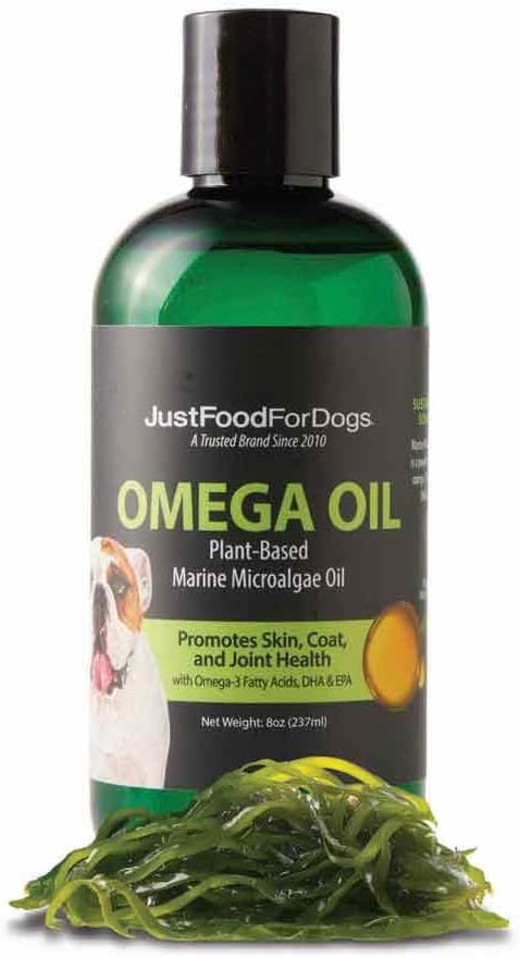 JustFoodForDogs Omega Plus Oil Omega-3 συμπλήρωμα για σκύλους, το δέρμα και το παλτό υποστήριξη, κοινή υγεία, EPA & DHA από Algae Oil, Βιώσιμη & Eco-Friendly - 8 oz