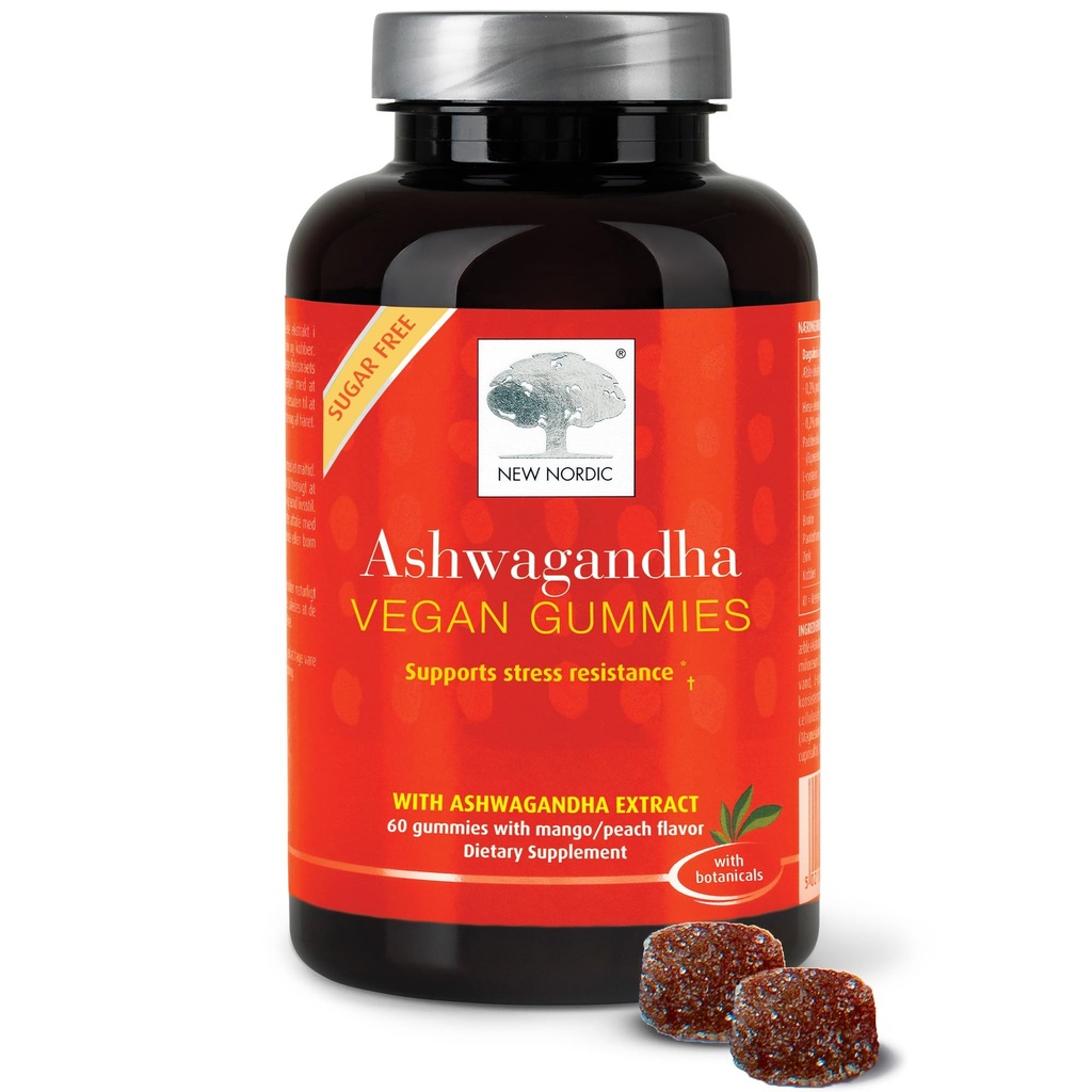 NEW NORDIC Ashwagandha Gummies, 300 mg εκχύλισμα ρίζας Ashwagandha, Χωρίς ζάχαρη, προσαρμογόνα για άνδρες και γυναίκες, νοστιμότατο μάνγκο Peachάκινο, 60 Gummies