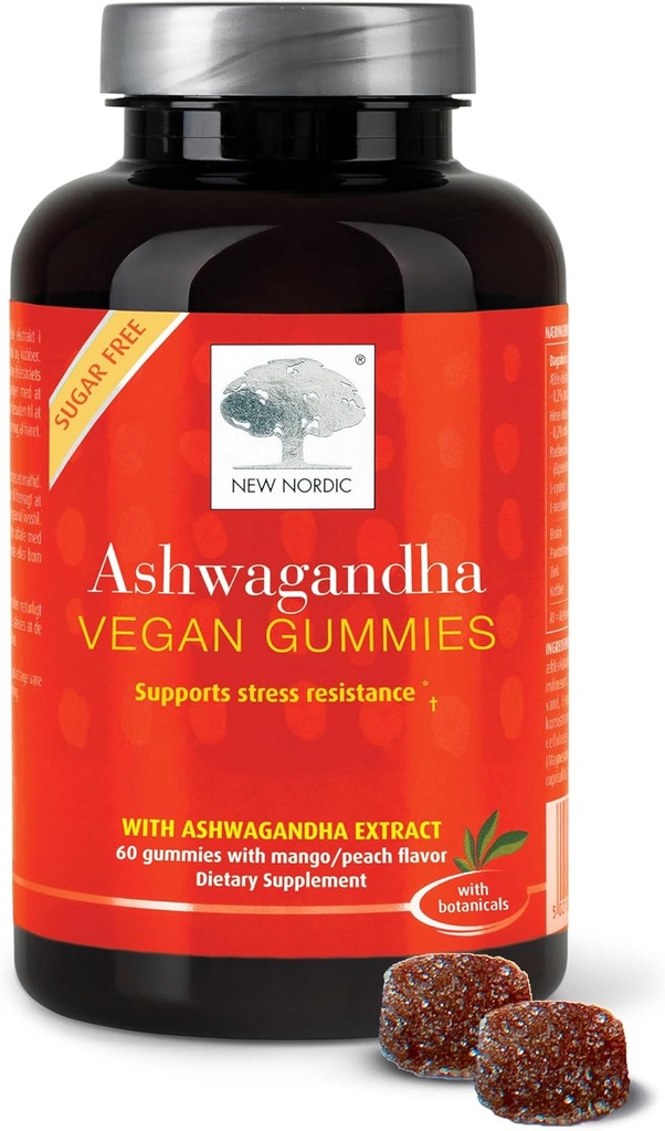 NEW NORDIC Ashwagandha Gummies, 300 mg εκχύλισμα ρίζας Ashwagandha, Χωρίς ζάχαρη, προσαρμογόνα για άνδρες και γυναίκες, νοστιμότατο μάνγκο Peachάκινο, 60 Gummies
