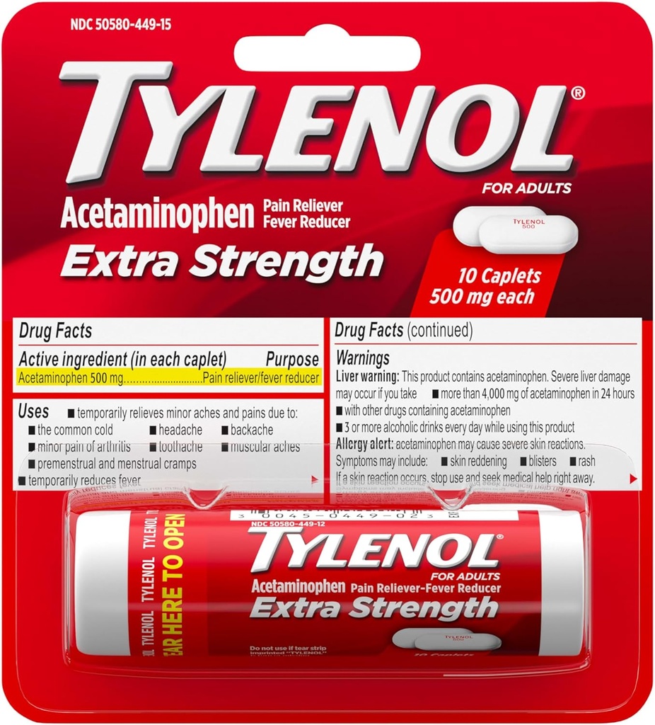 Tylenol Extra Strength 500 mg Acetaminophen Caplets, Pain Reliever & Fever Reducer, Acetaminophen για τη Μικρά Αρθρίτιδα Πόνος, Πονοκέφαλος, Οδοντόκρεμα & Οδοντόκρεμα, Μέγεθος Ταξιδίου, 10 ct