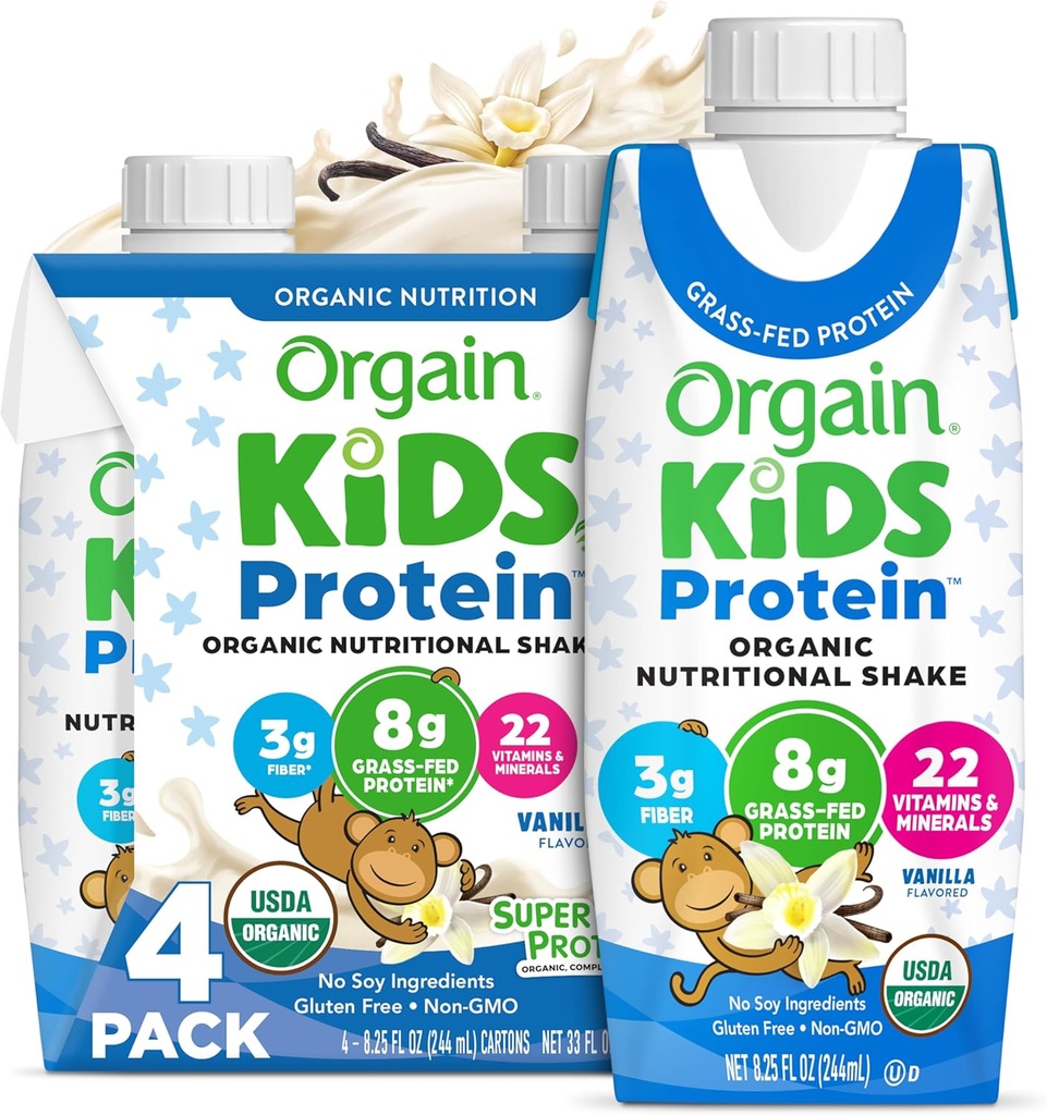Orgain Organic Kids Protein Nutritional Shake, Βανίλια - 8g πρωτεΐνης, 22 Βιταμίνες & Ορυκτά, Φρούτα & Λαχανικά, Χωρίς γλουτένη, Χωρίς σόγια, Μη ΓΤΟ, 8,25 FL Oz (πακέτο των 4)