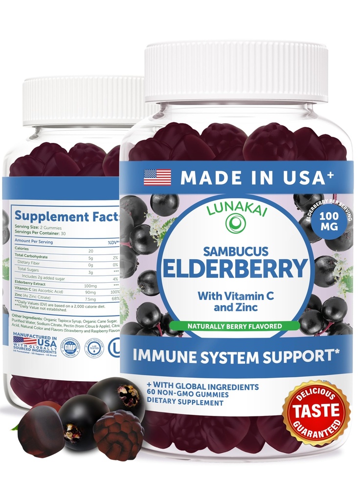 Lunakai USA Made Black Sambucus Elderberry Gummies for Adults & Kids with Vitamin C & Zinc - Ανοσολογική Υποστήριξη, Αντιοξειδωτικά, Μη ΓΤΟ, 60 Gummies