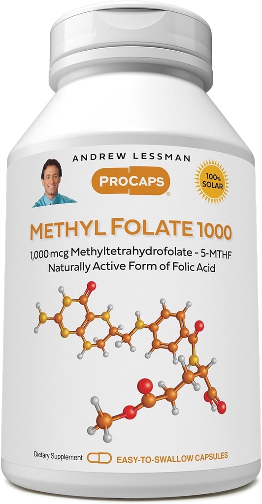 ANDREW LESSMAN Φολικό μεθύλιο 1000mg - 240 Κάψουλες - 1000 mcg L-μεθυλοφολικό, ισχυρά επίπεδα της βασικής βιταμίνης Β9. Υποστηρίζει υγιή καρδιά, εγκέφαλο, ανοσοποιητικό και εγκυμοσύνη. Εύκολο να καταπιείτε κάψουλες