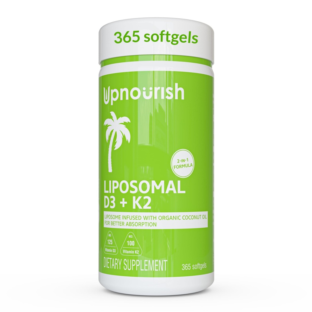 UpNourish Liposomal D3 & K2 MK-7, Προηγμένη Απορρόφηση για Βέλτιστη Οστική και Ανοσολογική Υγεία, Προμήθειες 5000 IU 125 mcg Βιταμίνη D3 και 100 mcg Βιταμίνη k2 με Βιολογικό Λάδι Καρύδας, 365 Mini softgels
