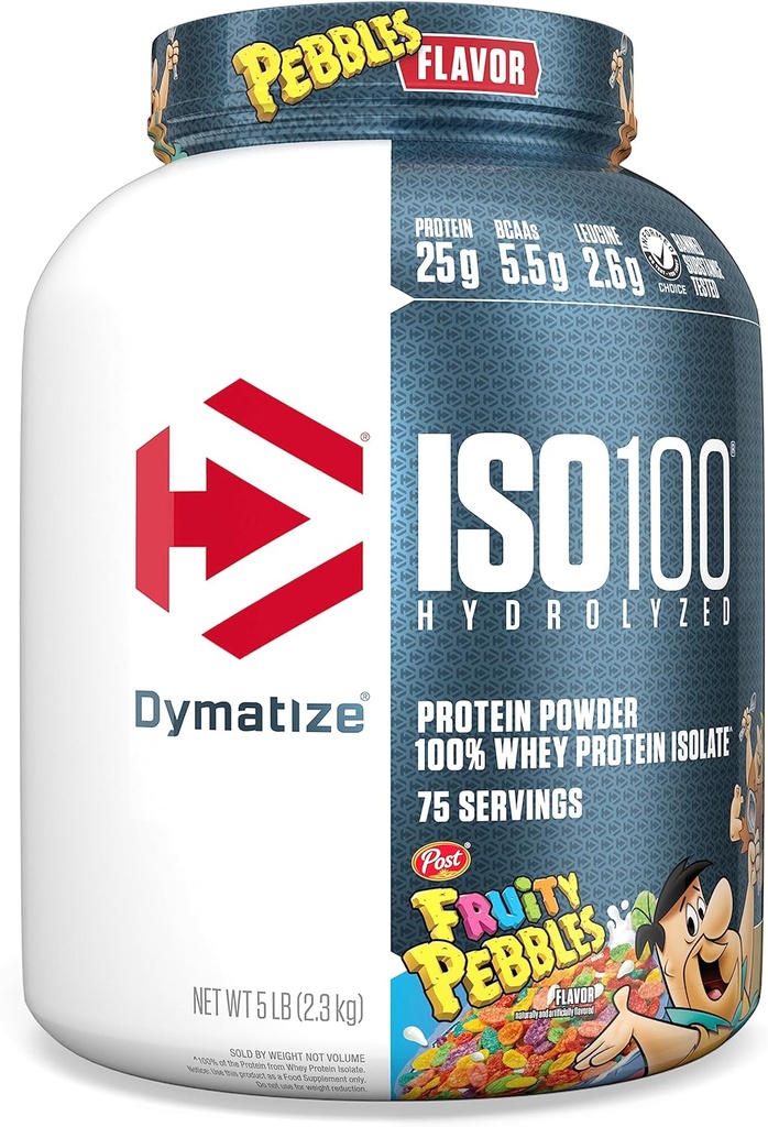 Dymatize x Fruity Pebbles ISO100 Whey Protein Powder Isolate, 25g πρωτεΐνης, 5.5g BCAAs, 120 Cal., Χωρίς γλουτένη, 1g λίπος, 1g ζάχαρη, 2g υδατάνθρακες (75 σερβίτσια)