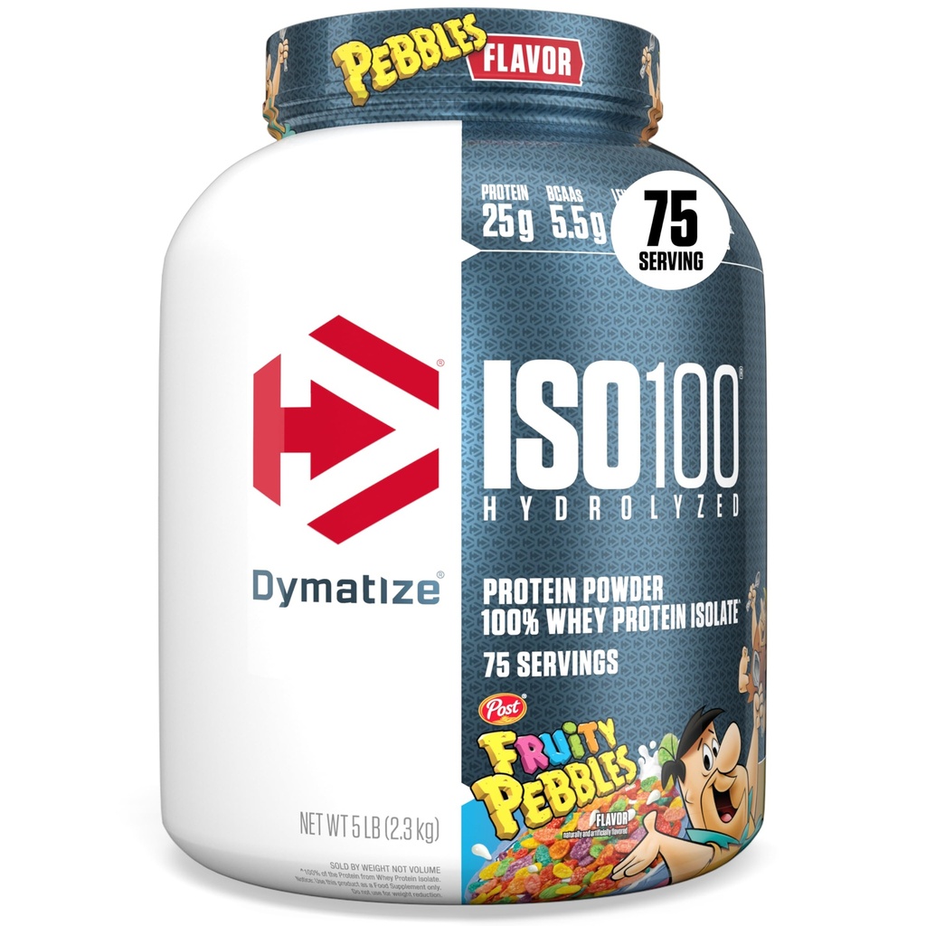 Dymatize x Fruity Pebbles ISO100 Whey Protein Powder Isolate, 25g πρωτεΐνης, 5.5g BCAAs, 120 Cal., Χωρίς γλουτένη, 1g λίπος, 1g ζάχαρη, 2g υδατάνθρακες (75 σερβίτσια)