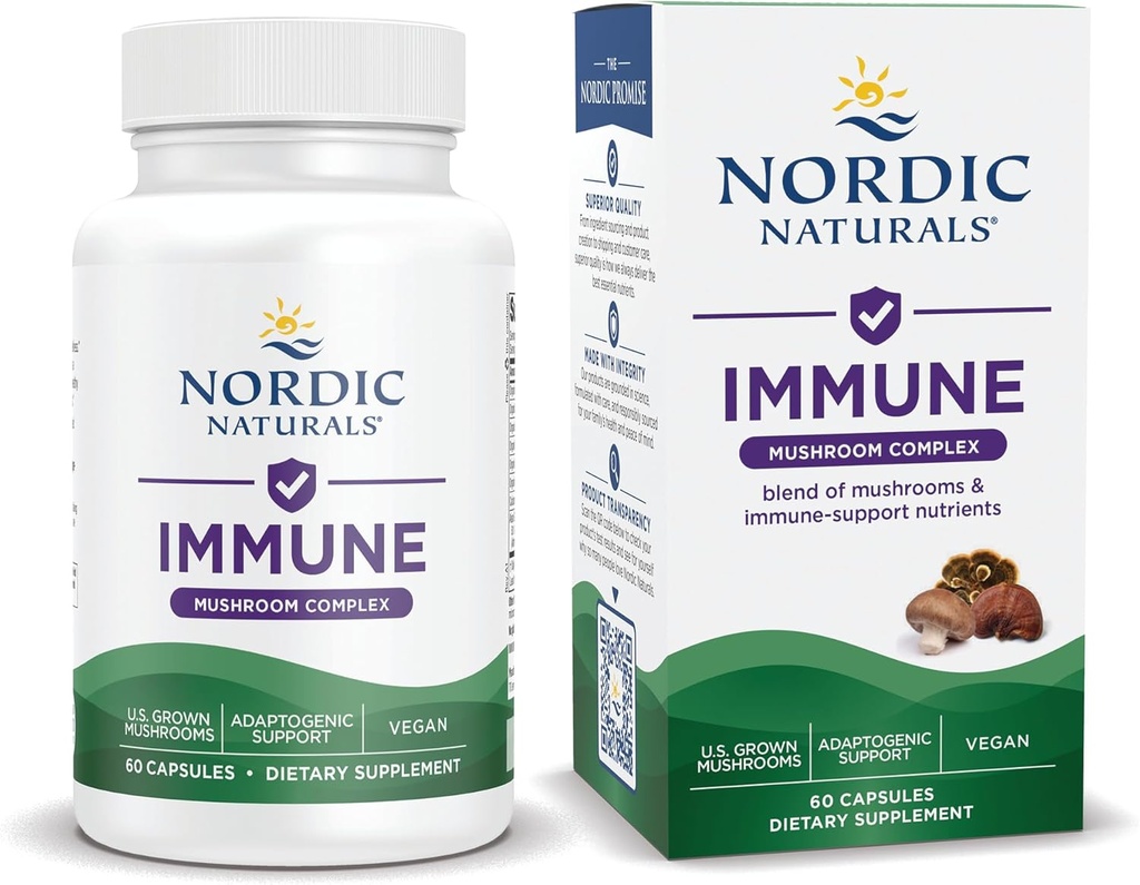 Nordic Naturals Immune Mushroom Complex, Unflavored - 60 Κάψουλες - Adaptogenic Support - Multi-Mushroom Blend - Optimal Wellness - Μη ΓΤΟ - Certified Vegan - 30 Υπηρεσίες