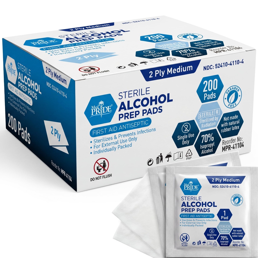 MED PRIDE Αποστειρωμένο Αλκοόλ Prep Pads, Αντισηπτικό, 70% Ισοπροπυλικό, μεμονωμένα τυλιγμένα, Ιατρικού Βαθμού 2 Ply Wipes (200 Count (Pack of 1) Λευκό)