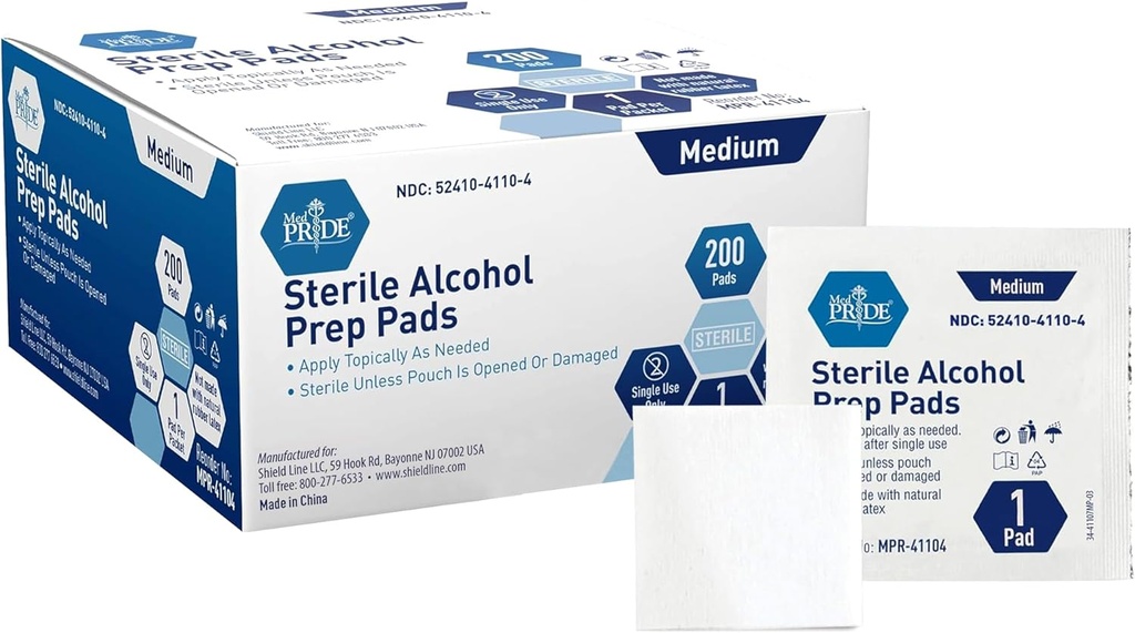 MED PRIDE Αποστειρωμένο Αλκοόλ Prep Pads, Αντισηπτικό, 70% Ισοπροπυλικό, μεμονωμένα τυλιγμένα, Ιατρικού Βαθμού 2 Ply Wipes (200 Count (Pack of 1) Λευκό)