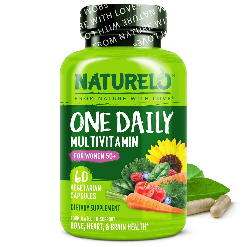 NATURELO Μια καθημερινή πολυβιταμίνη για τις γυναίκες 50+ (Δωρεάν Iron) - Υποστήριξη για την εμμηνόπαυση για τις γυναίκες άνω των 50 - ολόκληρο συμπλήρωμα διατροφής - Μη-ΓΤΟ - Χωρίς σόγια - 60 κάψουλες - 2 μήνες προσφοράς