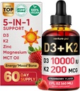 Venture Pal 5-σε-1 Βιταμίνη D3 10000 IU & K2 ως MK-7 200mcg με Μαγνήσιο, MCT Oil, Ψευδάργυρος, ζάχαρη-ελεύθερος Βιταμίνη D Liquid 