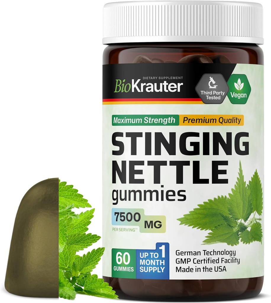 BIO KRAUTER Stinging Nettle Gummies - 7500 mg Strength - 60 Chews - Nettle Root 10:1 Extract - Urinary Support Supplement - Vegan Gummies Gelatin-Free Formula