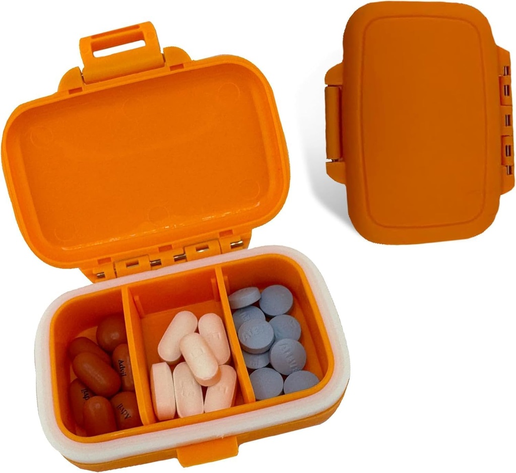 Travel Pill Organizer - Ανθεκτικό, Watertight Pill Υπόθεση Ταξιδιών Μέγεθος με 3 διαμερίσματα - Compact Pill Travel Case για Βιταμίνες, Συμπληρώματα, Ιατρική - Travel Pill Container για Αγορές (Orange)