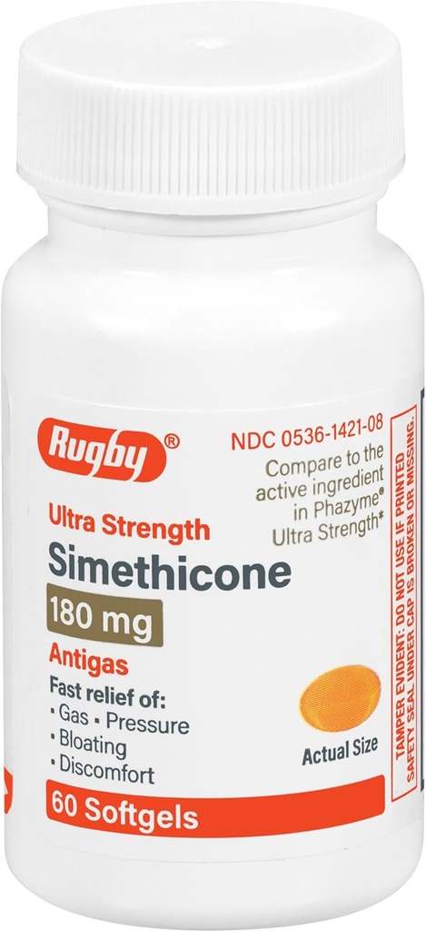 Rugby Ultra Strength Simethicone Gas Relief 180 mg - Maximum Gas Relief for Adults - May Help with Symptoms of Flatulence, Bloating, Gas Fullness - 60 Softgels (1 Pack)