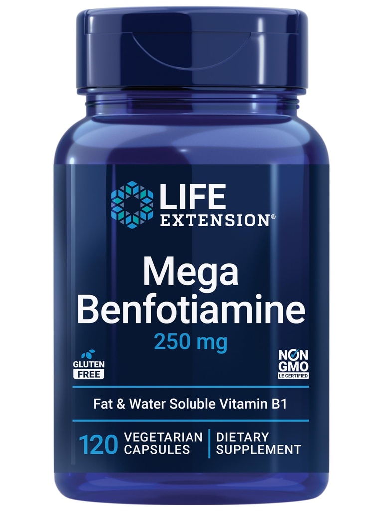Επέκταση ζωής Mega Benfotiamine, 250 mg, μια λιποδιαλυτή μορφή θειαμίνης, Υγιής Μεταβολισμός, Υπερβιοδιαθέσιμη βιταμίνη Β1, υψηλή ισχύς, χωρίς γλουτένη, μη ΓΤΟ, χορτοφάγοι, 120 κάψουλες