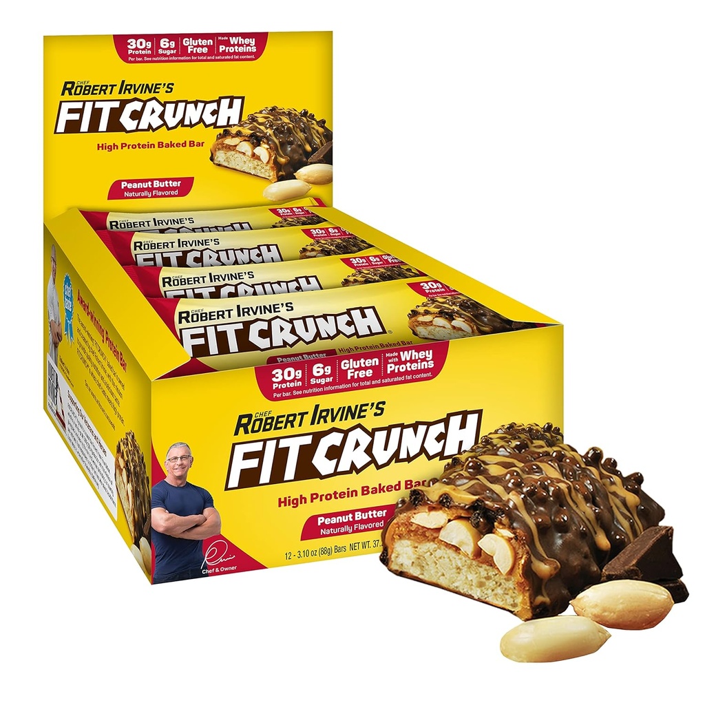 FITCRUNCH μπάρες πρωτεΐνης πλήρους μεγέθους, 6-Layer Baked Bar, 6g ζάχαρη, χωρίς γλουτένη & μαλακό πυρήνα κέικ (12 bars, φυστικοβούτυρο)