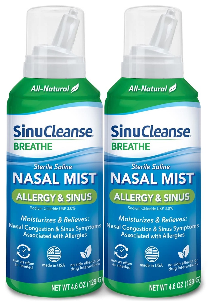 SinuCleanse Αλλεργία & Sinus Αποστειρωμένο Nasal Spray, Ultra Fine Mist, Αμέσως Ενυδατώνει & Ανακουφίζει Σοβαρή Ρινική Συμφόρηση Λόγω Αλλεργιών, 4.6 Oz (2 Pack), Κατασκευασμένο στις ΗΠΑ