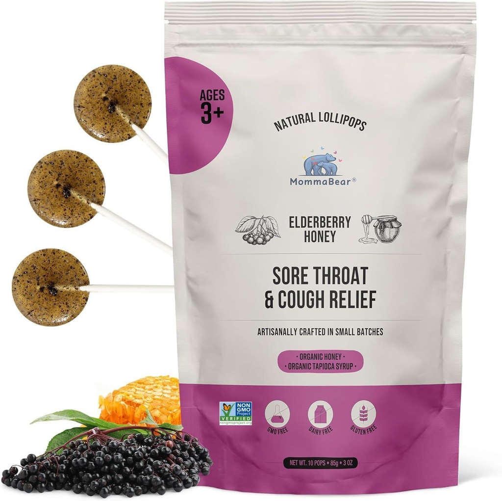 MommaBeaar Natural Sore Lroat Relief Γλειφιτζούρια – Elderberry & Honey Kids Γλειφιτζούρια – Βιολογικός Βήχας Παιδικά Γλειφιτζούρια, Χωρίς Τεχνητές Πρόσθετες – Σφραγισμένο σφιχτά για φρεσκάδα (10 Pack)