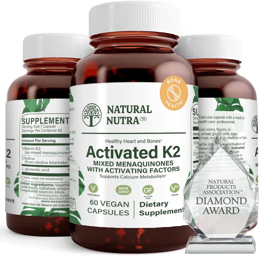 Natural Nutra Full Spectrum Vitamin K2 συμπλήρωμα, υποστήριξη καρδιοαγγειακή υγεία, λειτουργία του ήπατος, μεταβολική υγεία, υγεία της καρδιάς, Βοήθεια για την προώθηση της υγείας των οστών και των δοντιών, 75 mcg, 60 κάψουλες (πακέτο των 3)