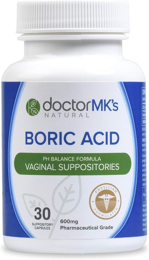 NATURAL Boric Acid Suppositories του γιατρού MK (600mg) για Υγιή Γυναικείο pH Υποστήριξη. 30 Κολπικές κάψουλες