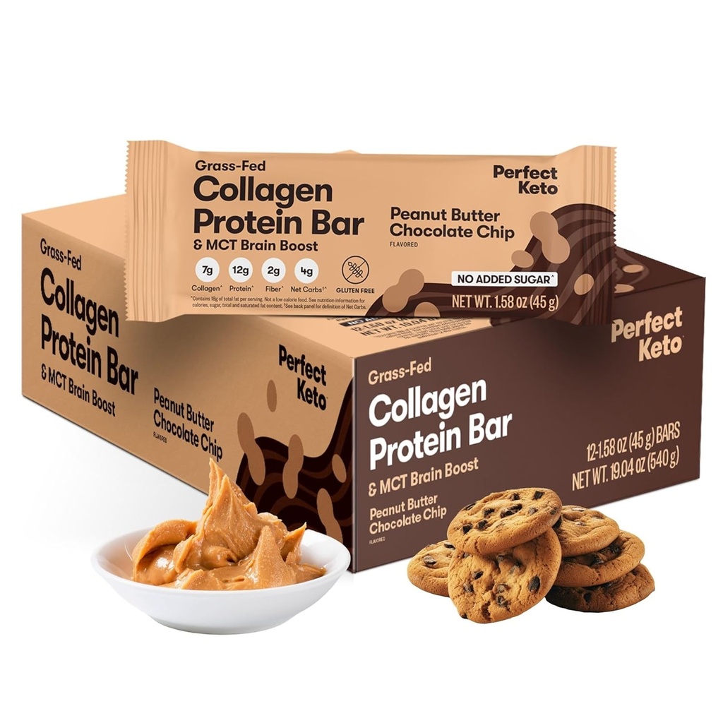 Perfect Keto Collagen Protein Bar, χωρίς γλουτένη χόρτο Fed Collagen + MCT Λάδι, χαμηλή υδατανθράκων, δεν προστίθεται ζάχαρη, υψηλή πρωτεΐνη σνακ, Keto Diet Τροφίμων, 13g πρωτεΐνη, 18g λίπος, 3g καθαρό υδατάνθρακες, τσιπ σοκολάτας φυστικοβούτυρο, 12 bars