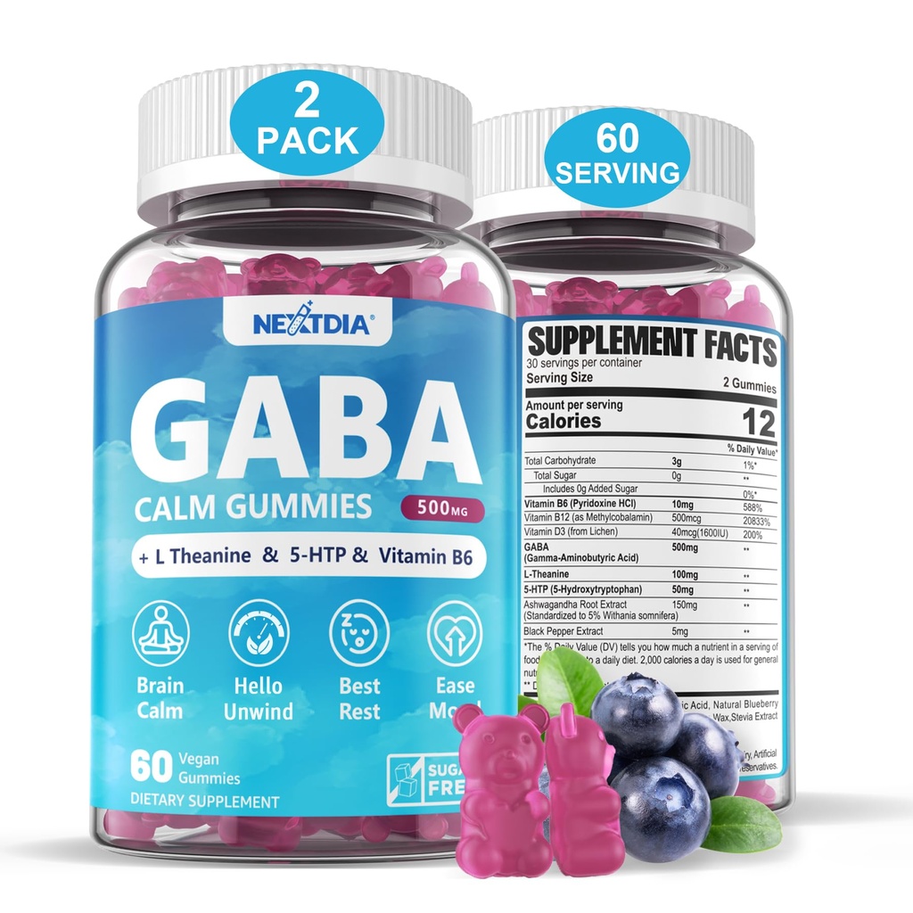 GABA Gummies 500 mg - Ζάχαρη-free Calm Gummies με L Theanine, 5-HTP, Βιταμίνες D3, B12, Ashwagandha, Melatonin-free για το Brain Calm, Mood, Zzz Better, GABA Supplement for Adult, Blueberry Flavor, Vegan
