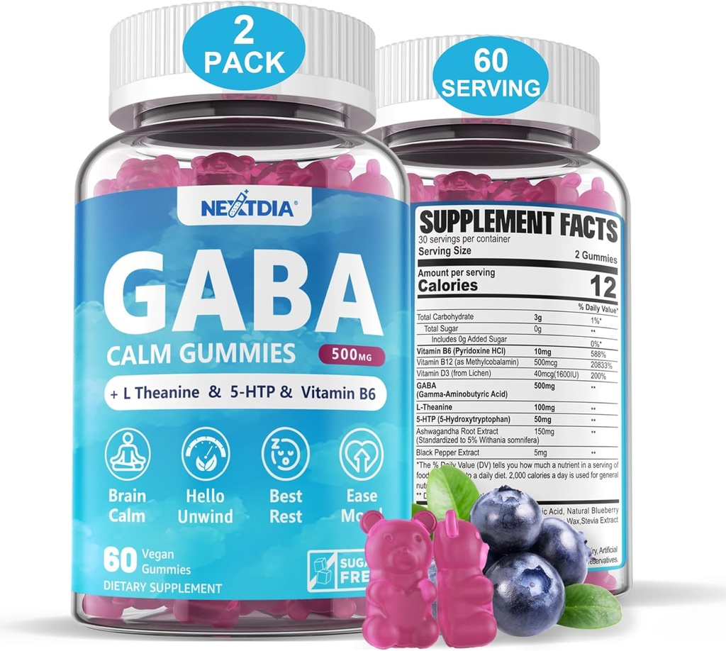 GABA Gummies 500 mg - Ζάχαρη-free Calm Gummies με L Theanine, 5-HTP, Βιταμίνες D3, B12, Ashwagandha, Melatonin-free για το Brain Calm, Mood, Zzz Better, GABA Supplement for Adult, Blueberry Flavor, Vegan