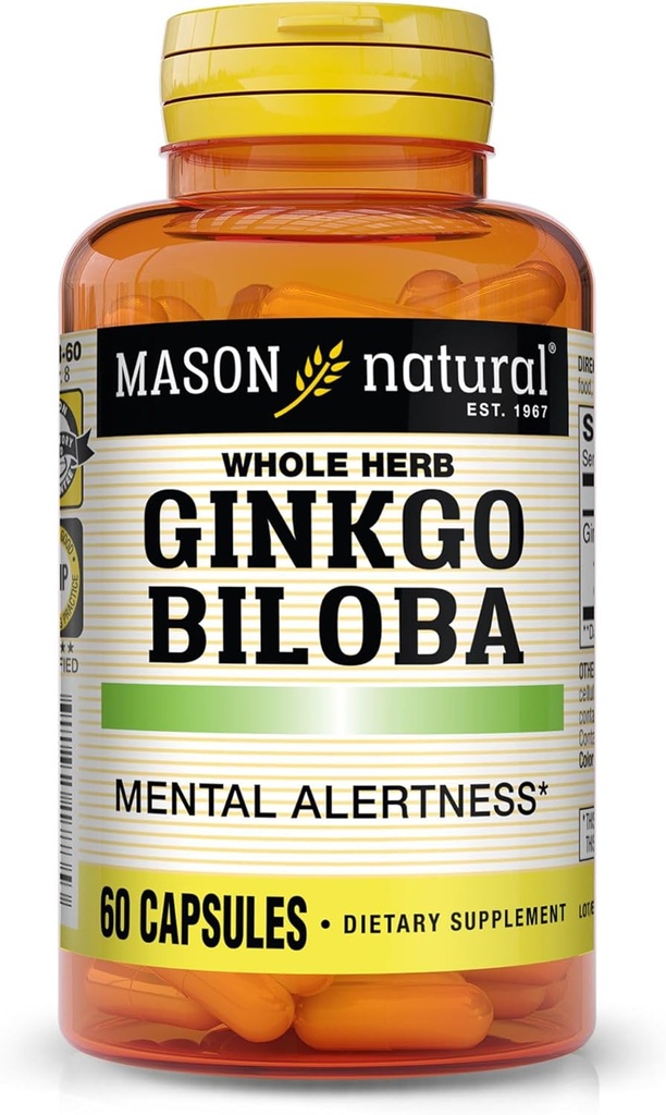 Mason Natural Ginkgo Biloba, 1 μήνα προσφοράς, βοηθά στη βελτίωση της ψυχικής εγρήγορσης και υποστήριξης βέλτιστη λειτουργία του εγκεφάλου, 60 κάψουλες