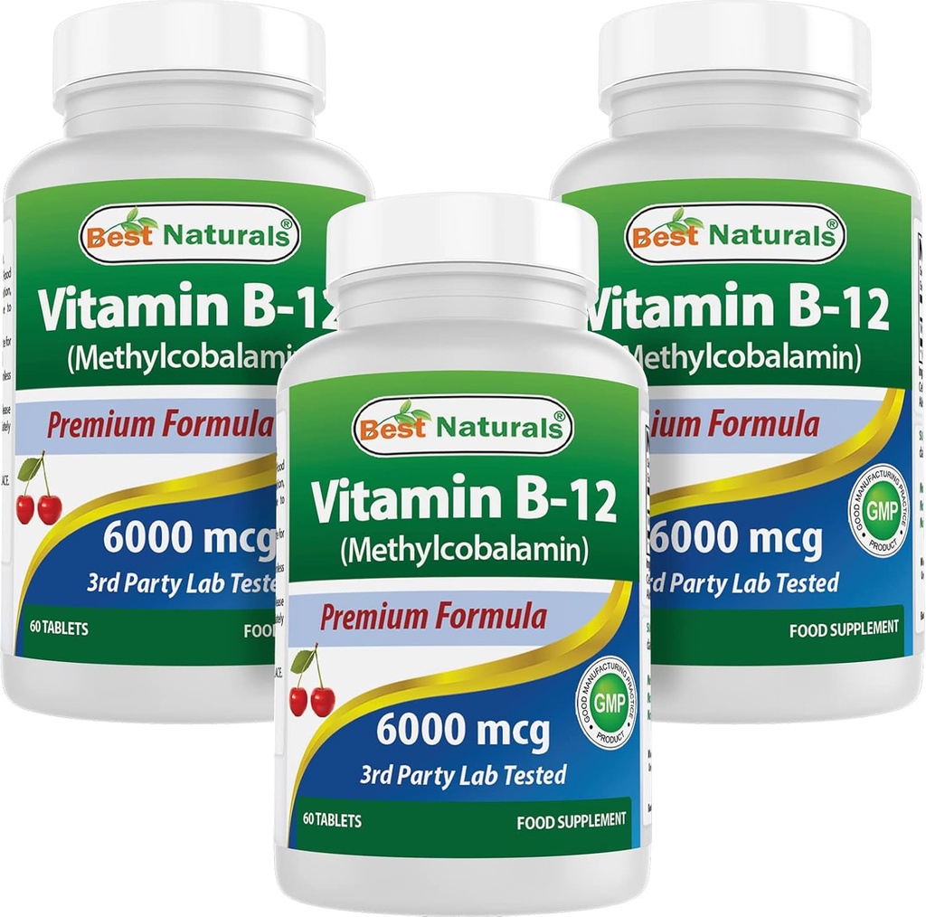 Best Naturals Βιταμίνη Β-12 ως Methylcobalamin (Methyl B12), 6000 mcg 60 Υπογλώσσια δισκία (60 Count (Pack of 3))