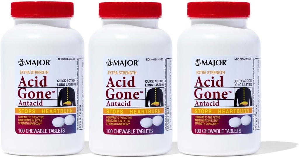 Major Acid Gone Extra Strength Αντιόξινα Μασώμενα Δισκία - Anti-Acid Relief - Acid Relux Medicine for Adults - Αναστατωμένο Στομάχι, Οξύ δυσπεψία, και Heartburn Relief - Long-Lasting - 100 Count (3 Pack)