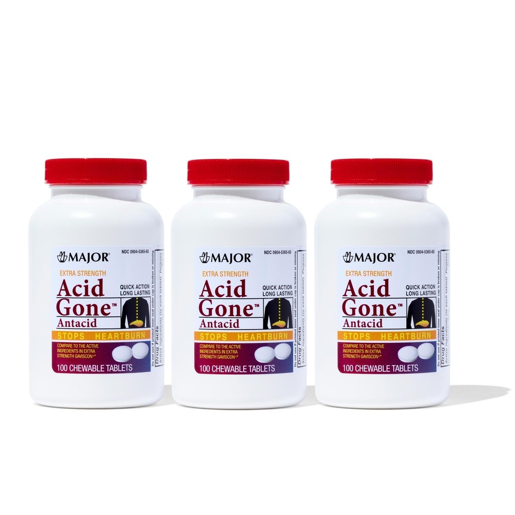 Major Acid Gone Extra Strength Αντιόξινα Μασώμενα Δισκία - Anti-Acid Relief - Acid Relux Medicine for Adults - Αναστατωμένο Στομάχι, Οξύ δυσπεψία, και Heartburn Relief - Long-Lasting - 100 Count (3 Pack)