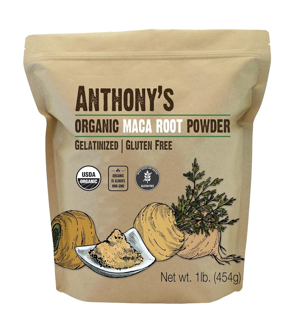 Organic Maca Root Powder του Anthony, 1 lb, Ζελατινοποιημένη για την ενισχυμένη βιοδιαθεσιμότητα, Χωρίς γλουτένη, Μη ΓΤΟ
