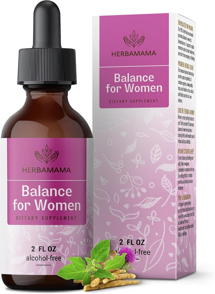 HERBAMAMA Balance for Women Drops - Milk Thistle, Vitex Berry, Angelica, Maca Root & Ashwagandha Women Supplements - Vegan, Alcohol & Sugar-Free, 28-Day Supply