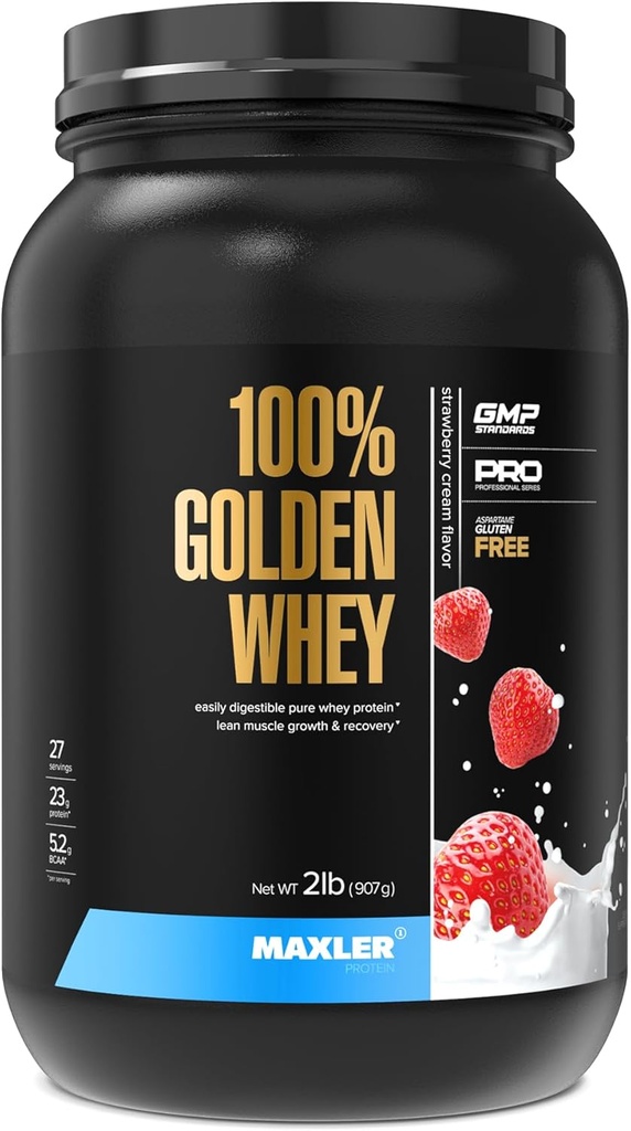 Maxler 100% Golden Whey Protein - 23g of Protein per Serving - Premium Whey Protein Powder for Pre Post Workout - Fast-Absorbing Whey Concentrate, Isolate & Hydrolysate Blend - Strawberry Cream 2 lb