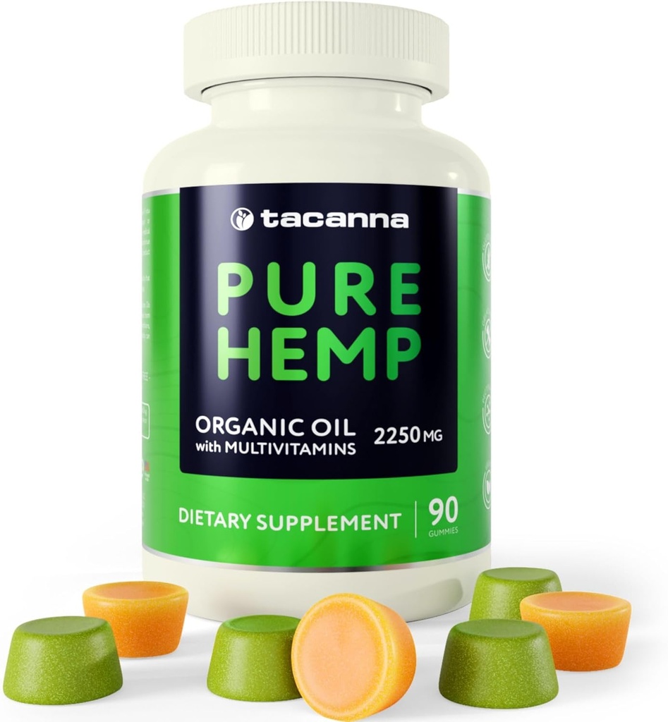 TACANNA Hemp Gummies - Oil Gummies για Ενήλικες με Βιταμίνες C, B3, B6, B12, Βιοτίνη, B5 & Ψευδάργυρος για Καλύτερο Ύπνο & Ηρεμία - Hemp Candy Συμπλήρωμα με Πολυβιταμίνες & Ωμέγα 3, 6, 9-90