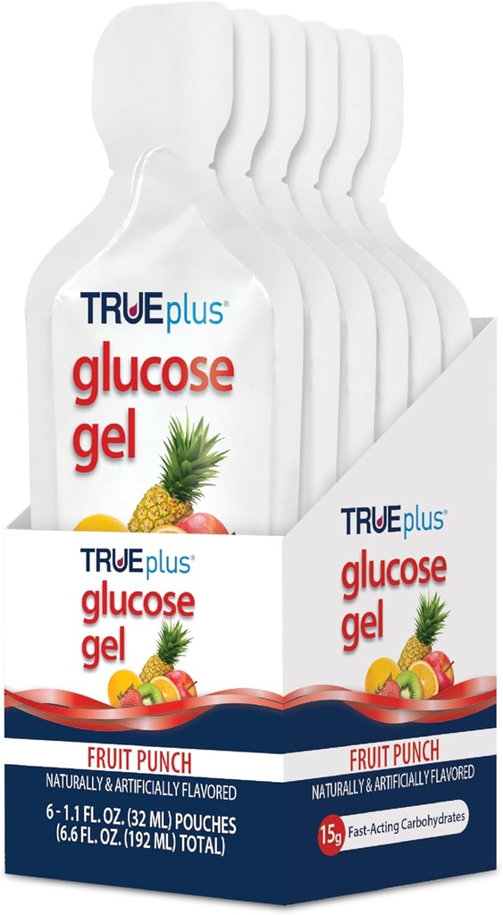 TRUEplus Glucose Gel Pouch, Fruit Punch Flavor, 15g Fast-Active Carbohydrates, Fat Free, Gluten Free, Γρήγορη υποστήριξη για χαμηλή ζάχαρη και ενέργεια αίματος, 6 Pack