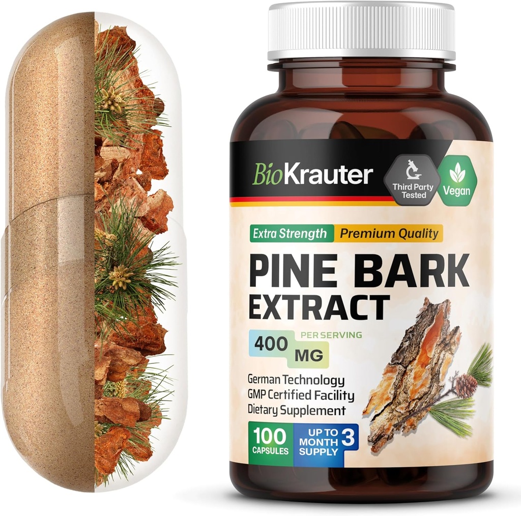 BIO KRAUTER Pine Bark Extract Κάψουλες 400 mg - 100 Count - Συμπλήρωμα αντιοξειδωτικών - 95% Proanthocyanidins - Συμπλήρωμα Pine Bark - Vegan, Χωρίς πληρωτικά