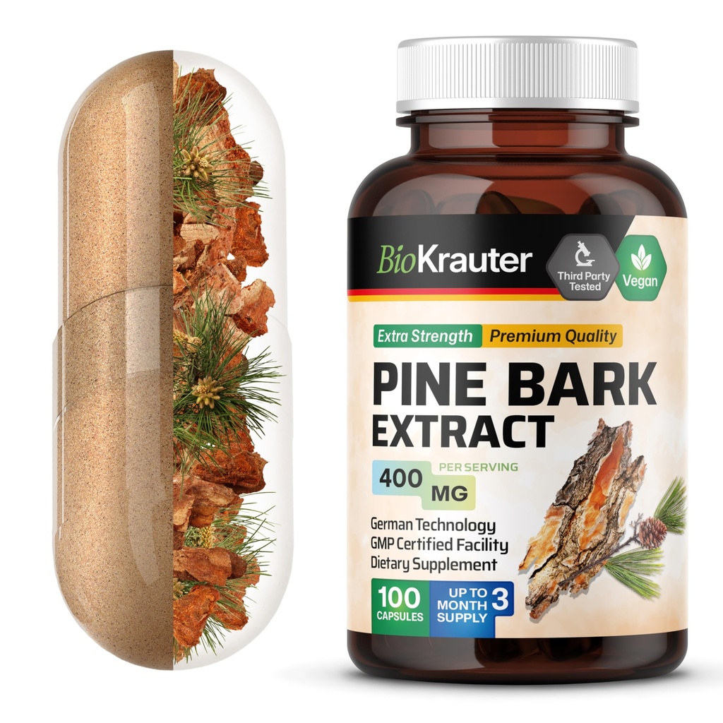 BIO KRAUTER Pine Bark Extract Κάψουλες 400 mg - 100 Count - Συμπλήρωμα αντιοξειδωτικών - 95% Proanthocyanidins - Συμπλήρωμα Pine Bark - Vegan, Χωρίς πληρωτικά