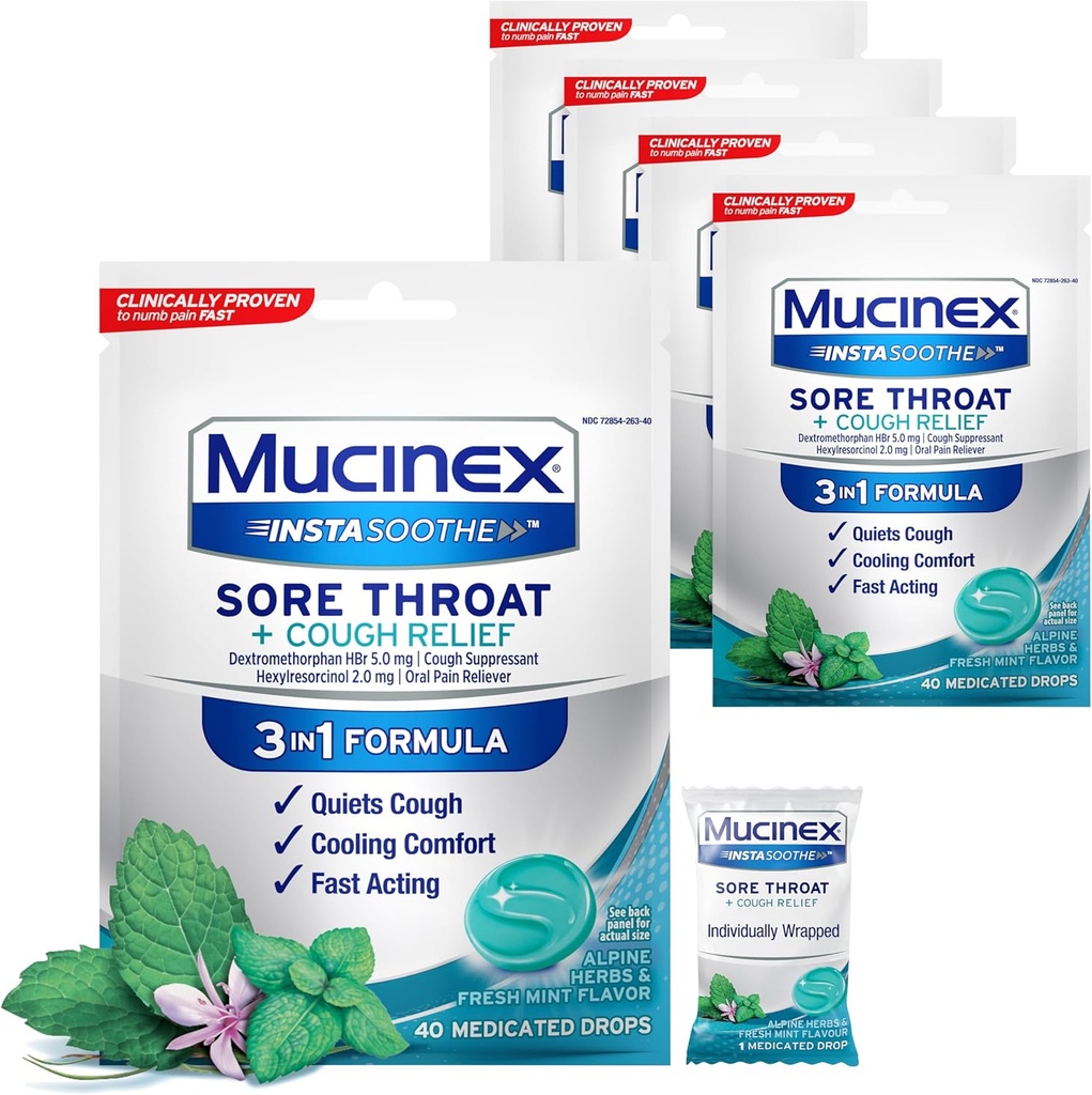 Mucinex InstaSoothe Sore Lroat + Cough Relief Alpine Herbs & Mint Flavor, Fast Active, Cooling Comfort, Ισχυρό Sore Lroat Pain Reliever, 40 Medicated Drops (Pack of 5))