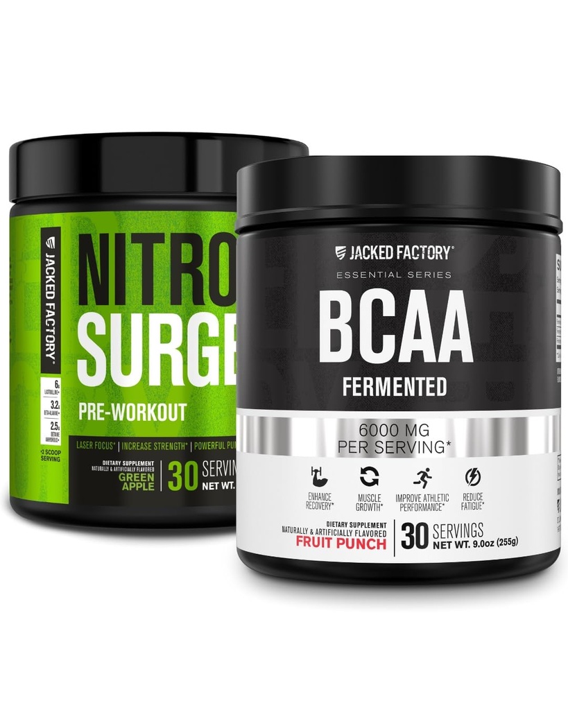 Jacked Εργοστάσιο Nitrosurge προ-εξάσκηση σε πράσινο Apple & BCAA σε Punch φρούτα για οικοδόμηση μυών και ανάκτηση