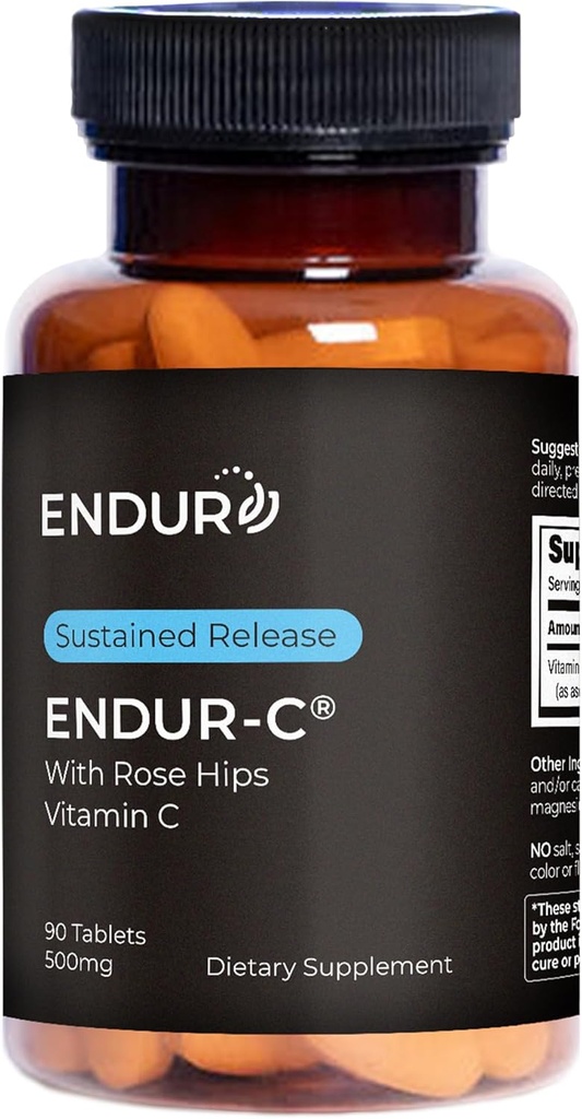Endur ENDUR-C Βιταμίνη C με Rose HIPS, υποστηρίζει την παραγωγή κολλαγόνου, αντιοξειδωτική προστασία & απαλή πέψη, χωρίς γλουτένη, 500mg (90 δισκία)