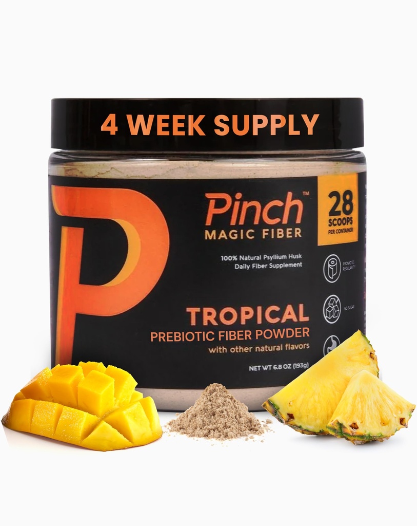 Pinch Magic Sugar Free Fiber Powder – Light Tropical Flavor Psyllium Husk with Bromelain & Vitamins C & D – Vegan, Gluten-free, Clean Label, USA-Made, GMP-Certified – 28-Day Supply