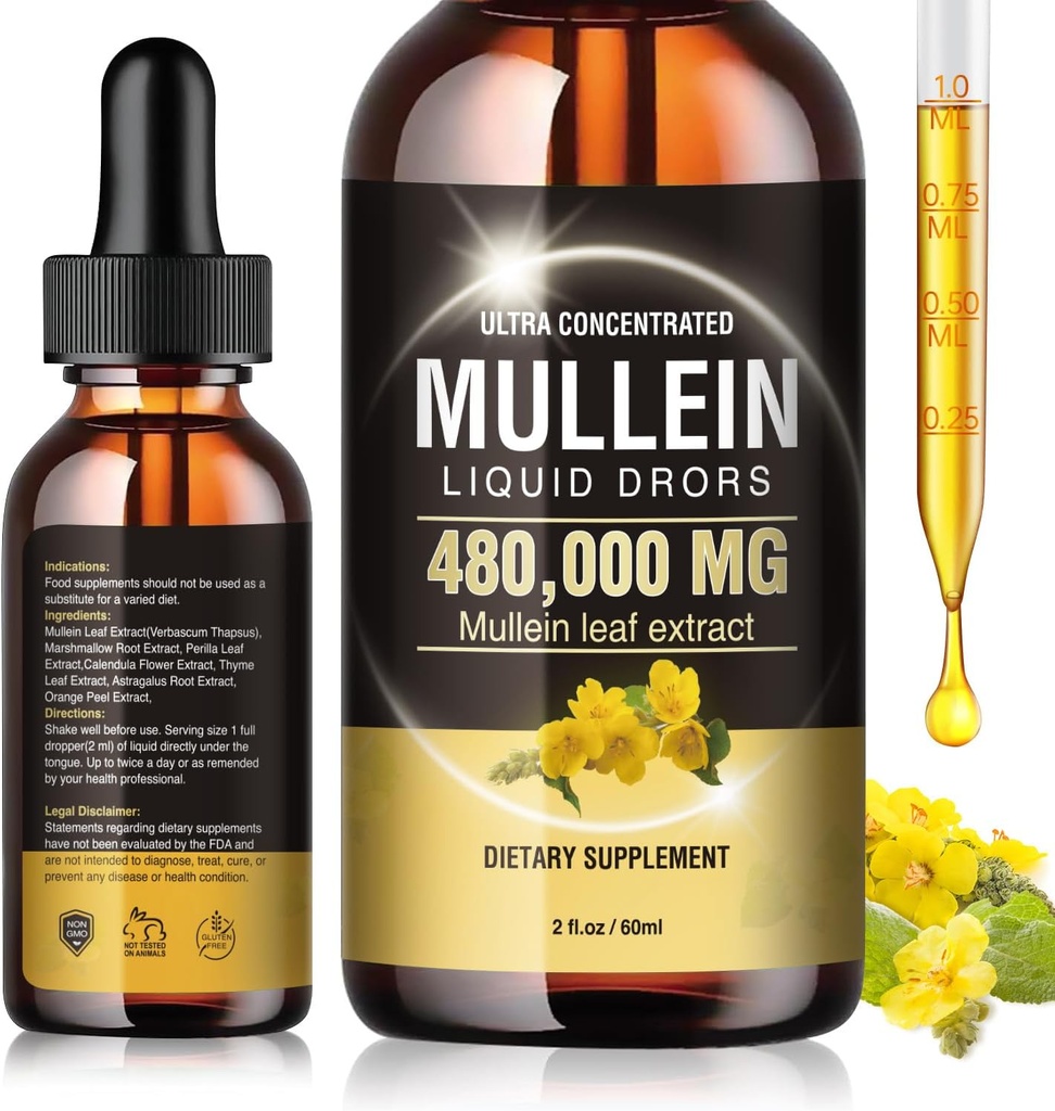 Mullein Drops for Lungs 480.000‬mg, 13 in 1 Vegan Mullein Leaf Extract 1600MG for Lung Detox & Cleanse, αναπνευστική, ανοσοποιητική υποστήριξη με Marshmallow Root, Perilla και Orange Peel Non-GMO 2 FL OZ
