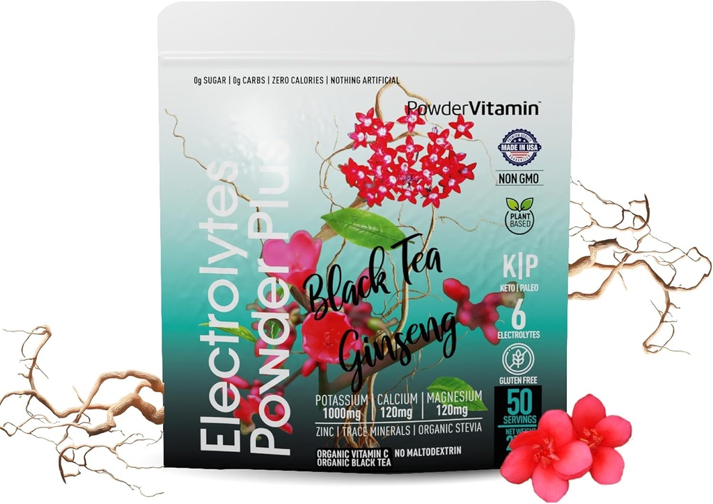 Σκόνη Vitamin Ηλεκτρολύτες σκόνη Plus (50 εξυπηρετούν) Μαύρο τσάι Ginseng Ηλεκτρολυτική σκόνη Keto, Χωρίς ζάχαρη, Pink αλάτι Ιμαλαΐων,1000mg κάλιο,120mg ασβέστιο,120mg μαγνήσιο, σκόνη ενυδάτωσης